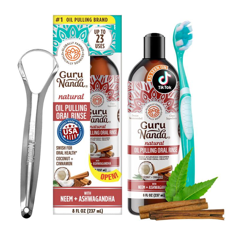 Gurunanda Coconut & Cinnamon Oil Pulling Flavor + Neem & Ashwagandha - 8 Oz Oral Daily