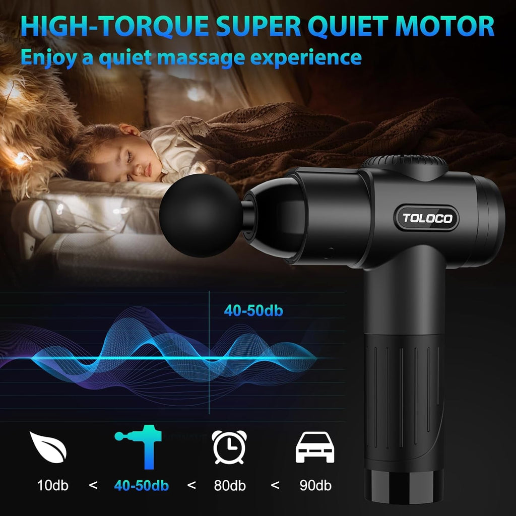 TOLOCO Massage Gun, Deep Tissue Back Massage for Athletes for Pain Relief, Percussion Massager with 10 Massages Heads & Silent Brushless Motor, Valentines Day Gifts for Him Her, Black