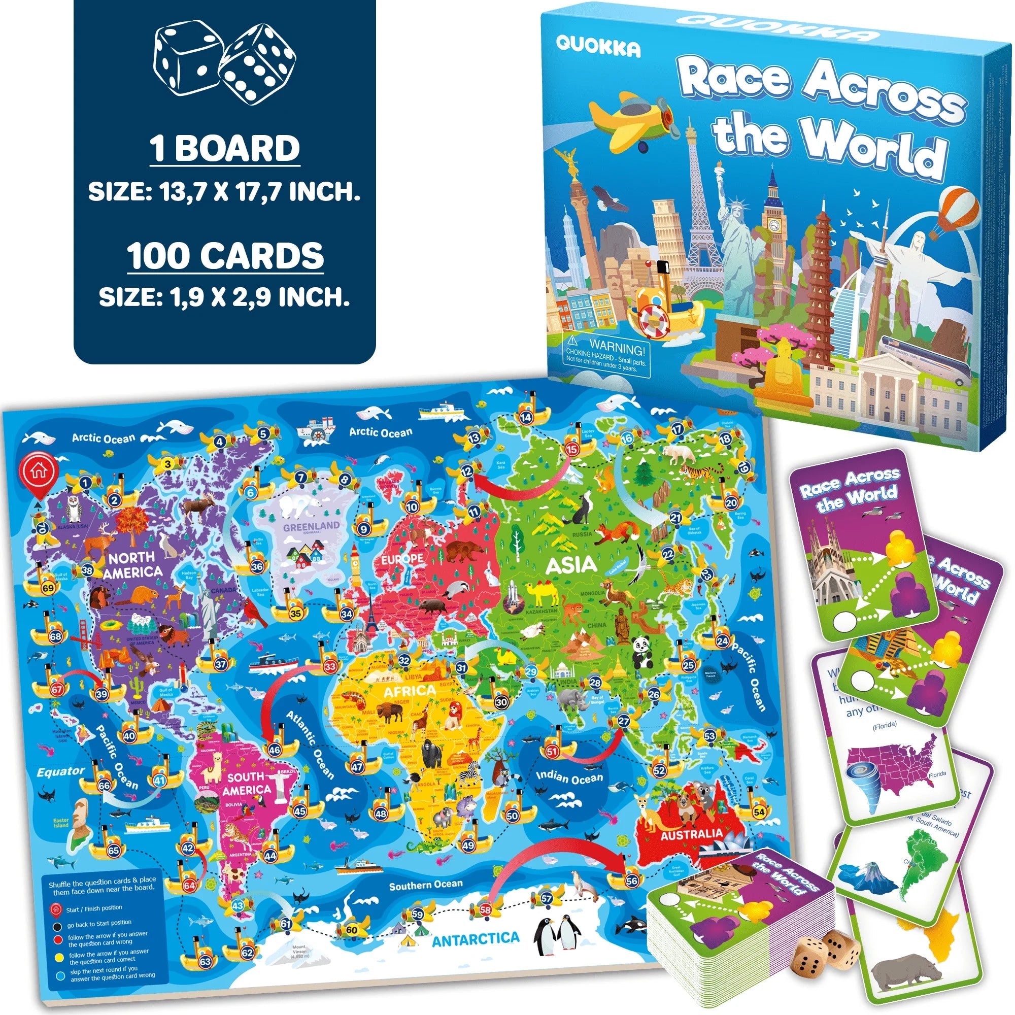 Learning Board Games for Kids 6-8 - Educational Trivia Cards Ages 8-12 - 3X Set World USA Map & Space