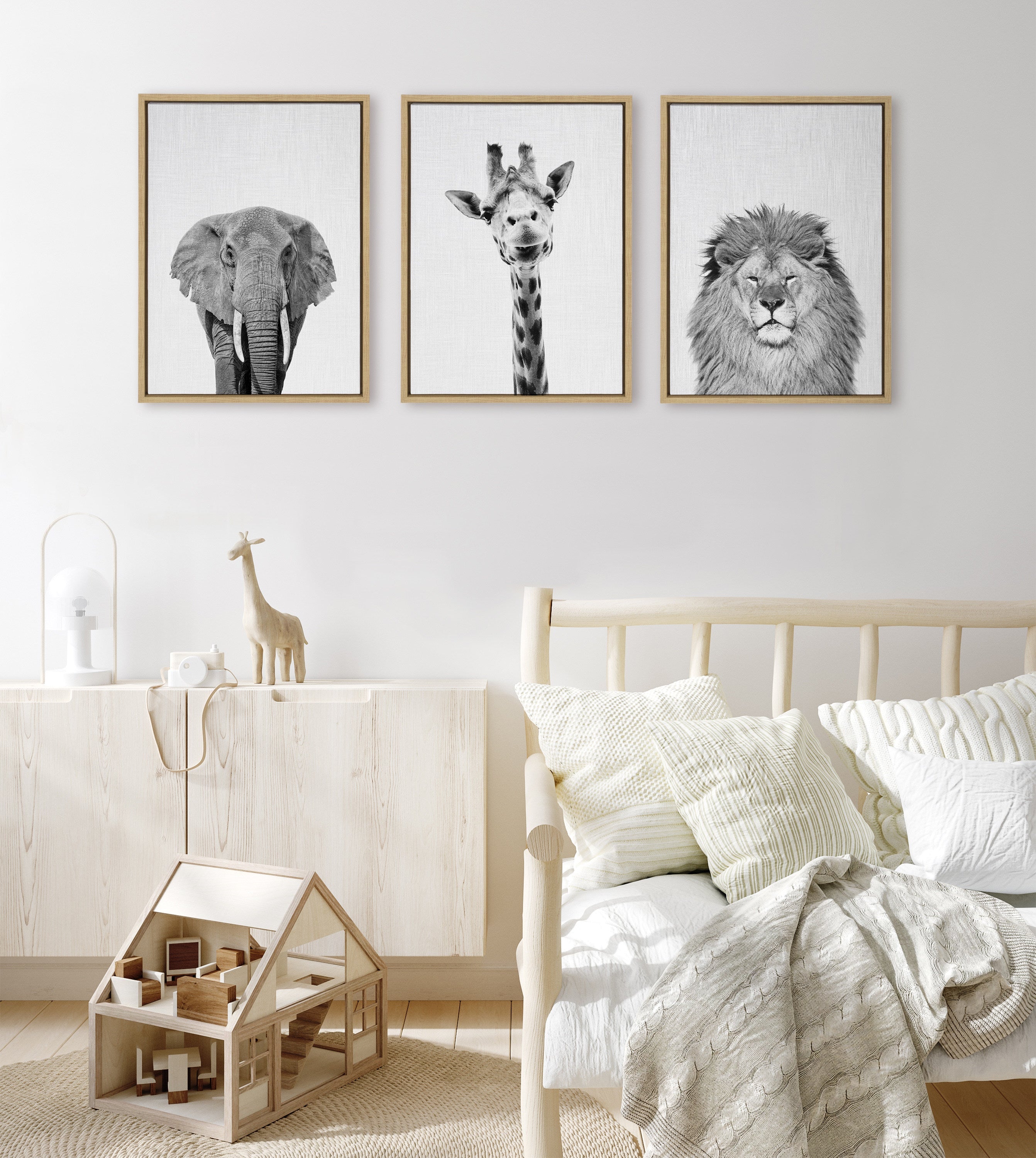 Sylvie Elephant Giraffe and Lion Framed Canvas by Simon Te of Tai Prints