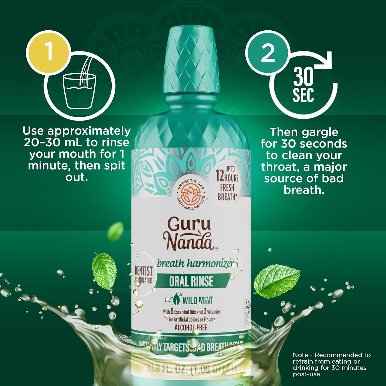Gurunanda Fresh Breath Mouthwash, Ada-Accepted, Alcohol & Fluoride-Free, Sodium Chlorite, Essential Oils & Vitamins, 12-Hrs Fresh Breath, Wild Mint, 33.8 Oz