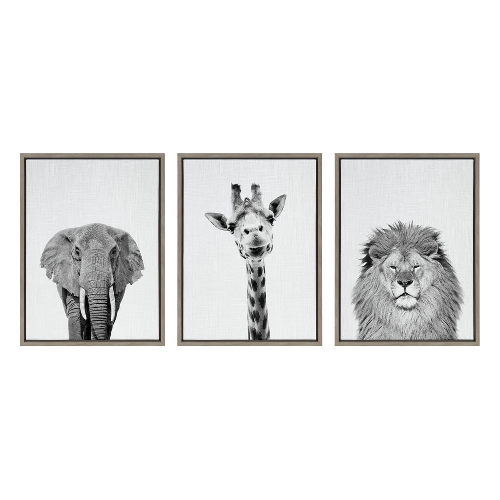 Sylvie Elephant Giraffe and Lion Framed Canvas by Simon Te of Tai Prints