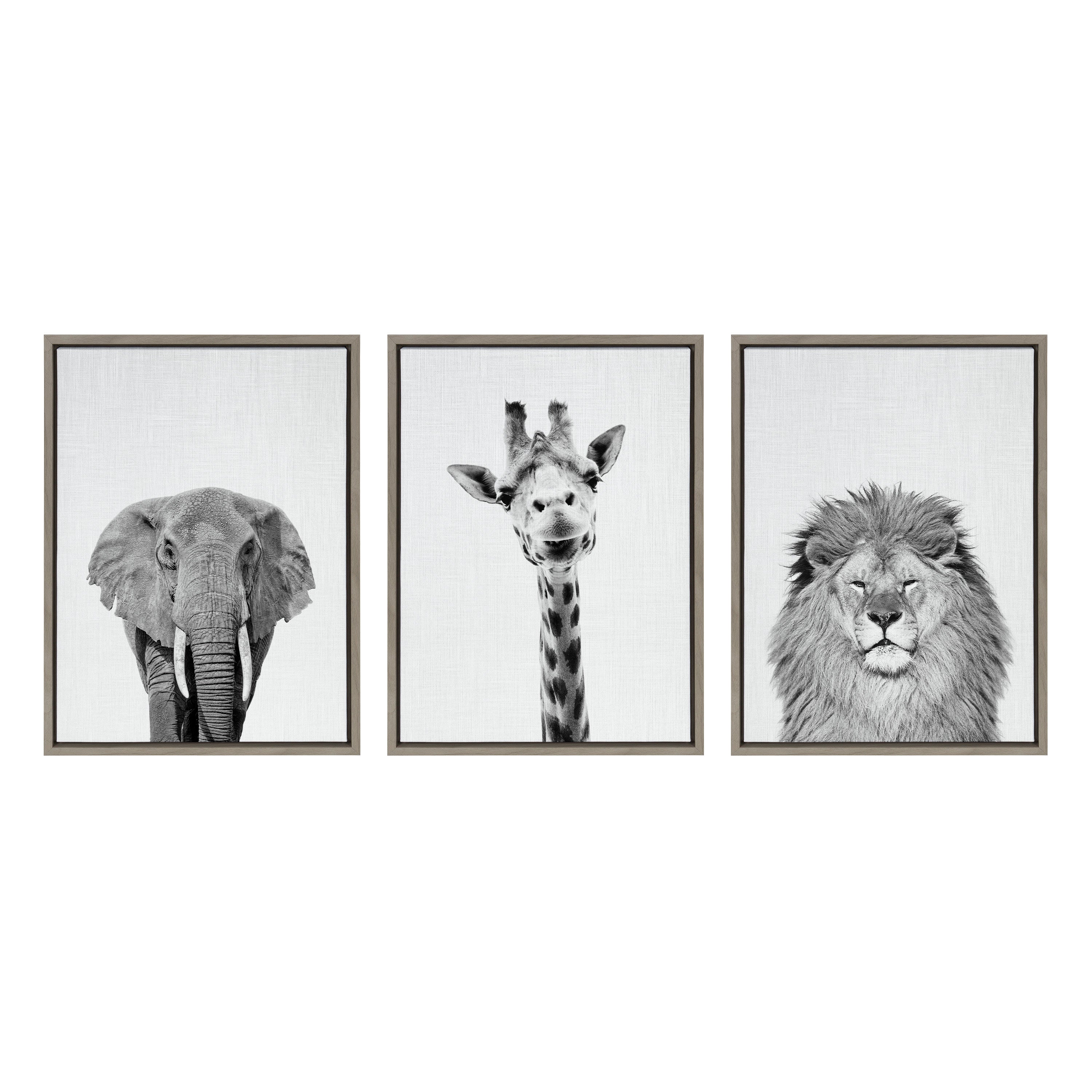Sylvie Elephant Giraffe and Lion Framed Canvas by Simon Te of Tai Prints