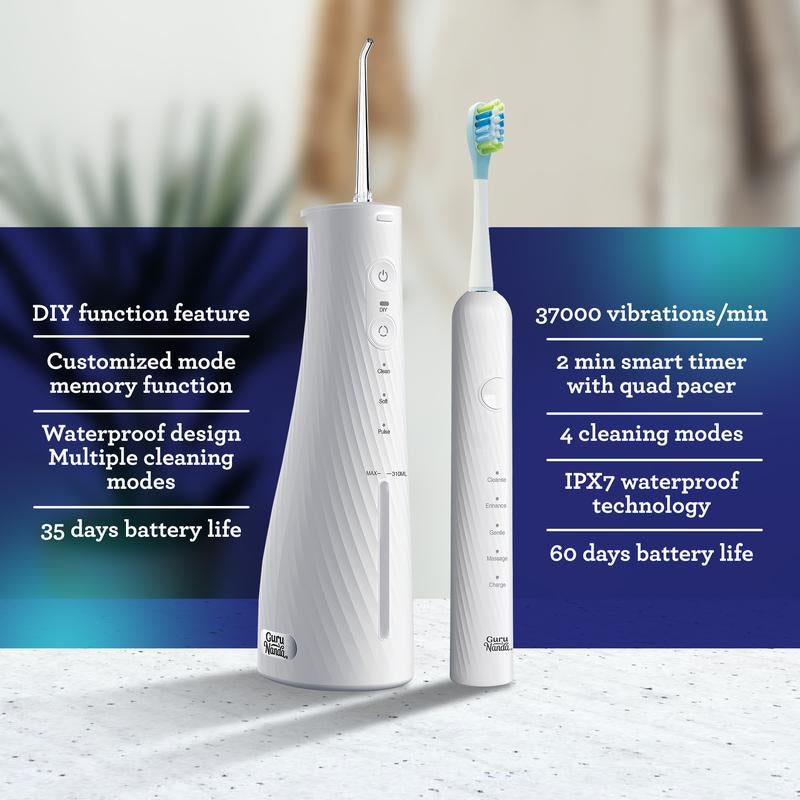 Gurunanda Lion & Lamb Kit 2.0, Electric Toothbrush with Water Flosser Combo, 4 Jet Tips, 4 Brush Heads & IPX7 Waterproof Design for Complete Oral Care