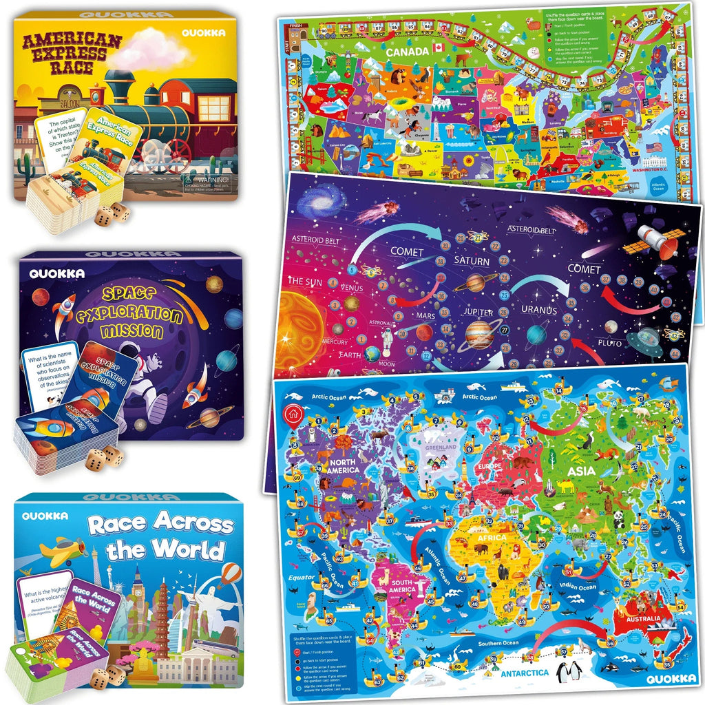 Learning Board Games for Kids 6-8 - Educational Trivia Cards Ages 8-12 - 3X Set World USA Map & Space