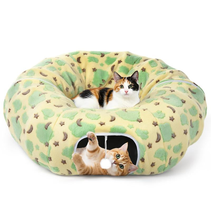 Cat Tunnels for Indoor Cats, 35'' Plush Cat Tunnel Bed Christmas Tree Skirt with Playful Ball and Circle Cushion, Foldable Peekaboo Cave, Interactive Toy
