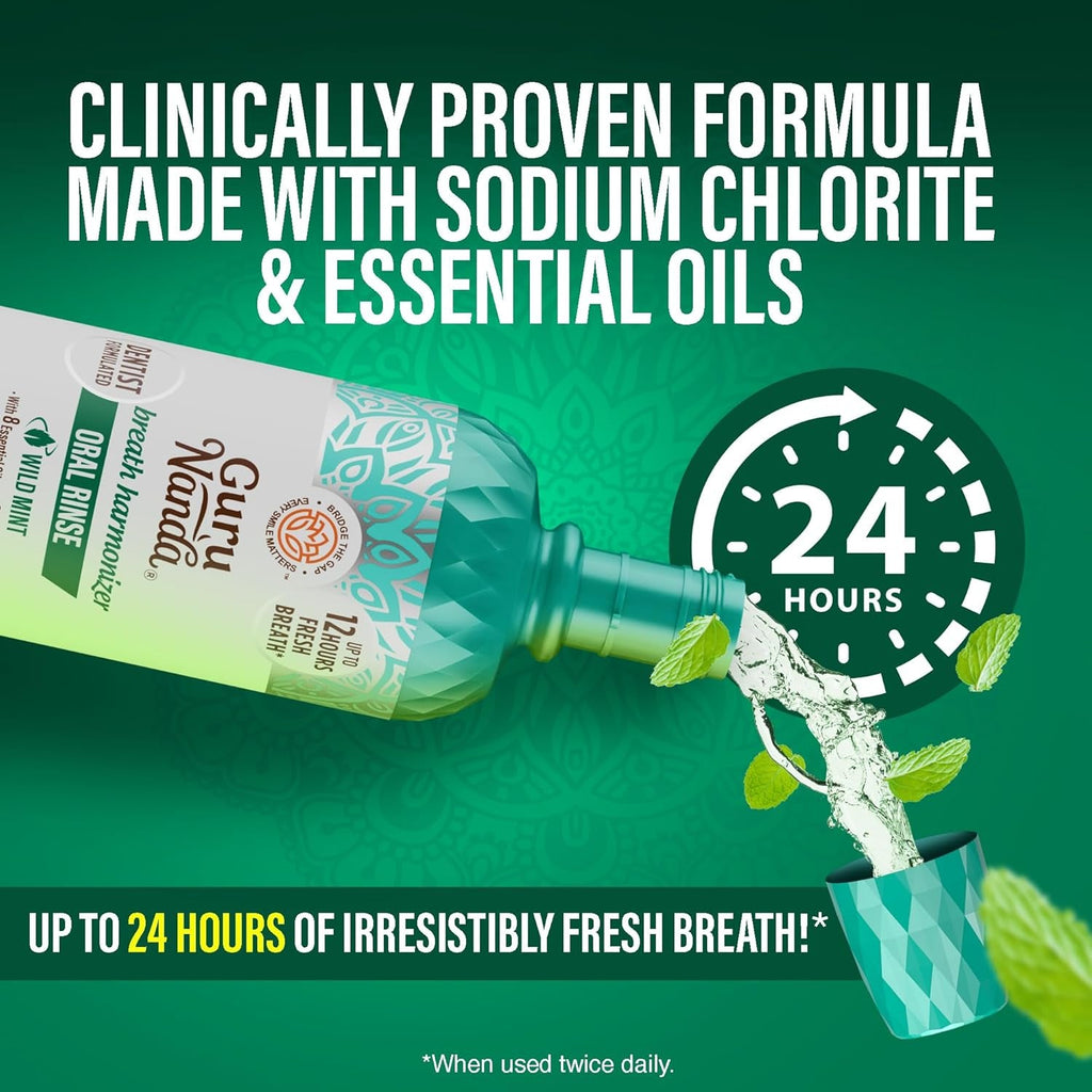 Gurunanda Fresh Breath Mouthwash, Ada-Accepted, Alcohol & Fluoride-Free, Sodium Chlorite, Essential Oils & Vitamins, 12-Hrs Fresh Breath, Wild Mint, 33.8 Oz