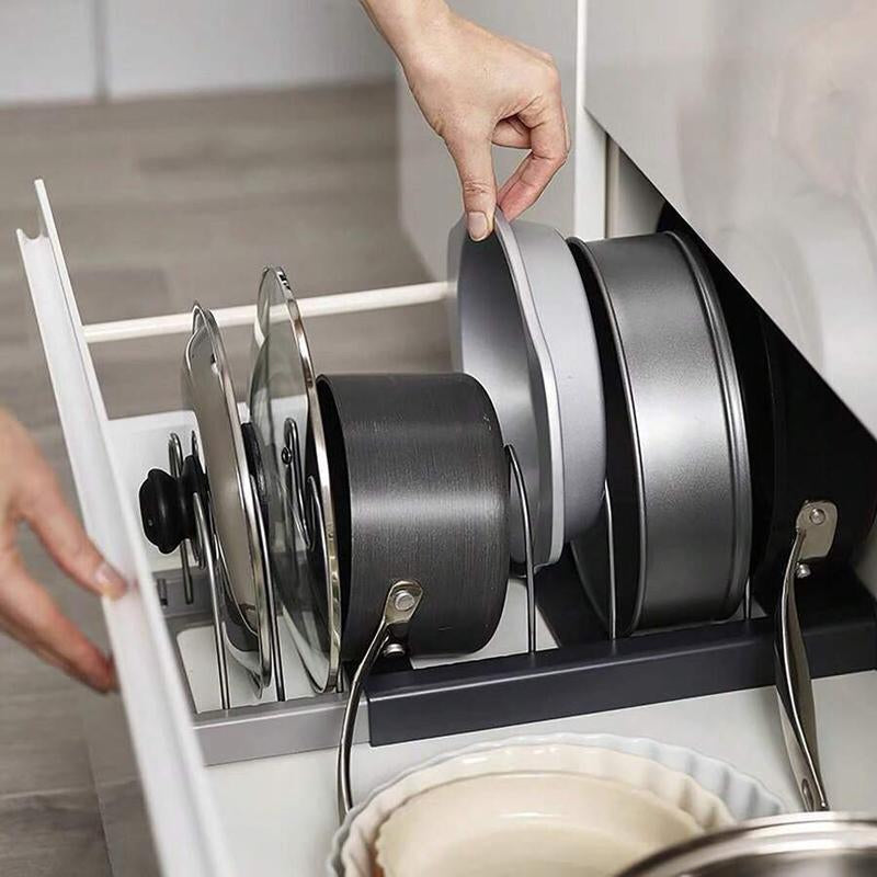 Expandable Pot and Pan Organizer Rack for Cabinet, Pot Lid Organizer Holder with 7 Stainless Steel Adjustable Dividers for Kitchen Cabinet Organizer and Storage
