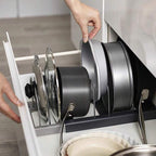 Expandable Pot and Pan Organizer Rack for Cabinet, Pot Lid Organizer Holder with 7 Stainless Steel Adjustable Dividers for Kitchen Cabinet Organizer and Storage