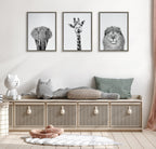 Sylvie Elephant Giraffe and Lion Framed Canvas by Simon Te of Tai Prints