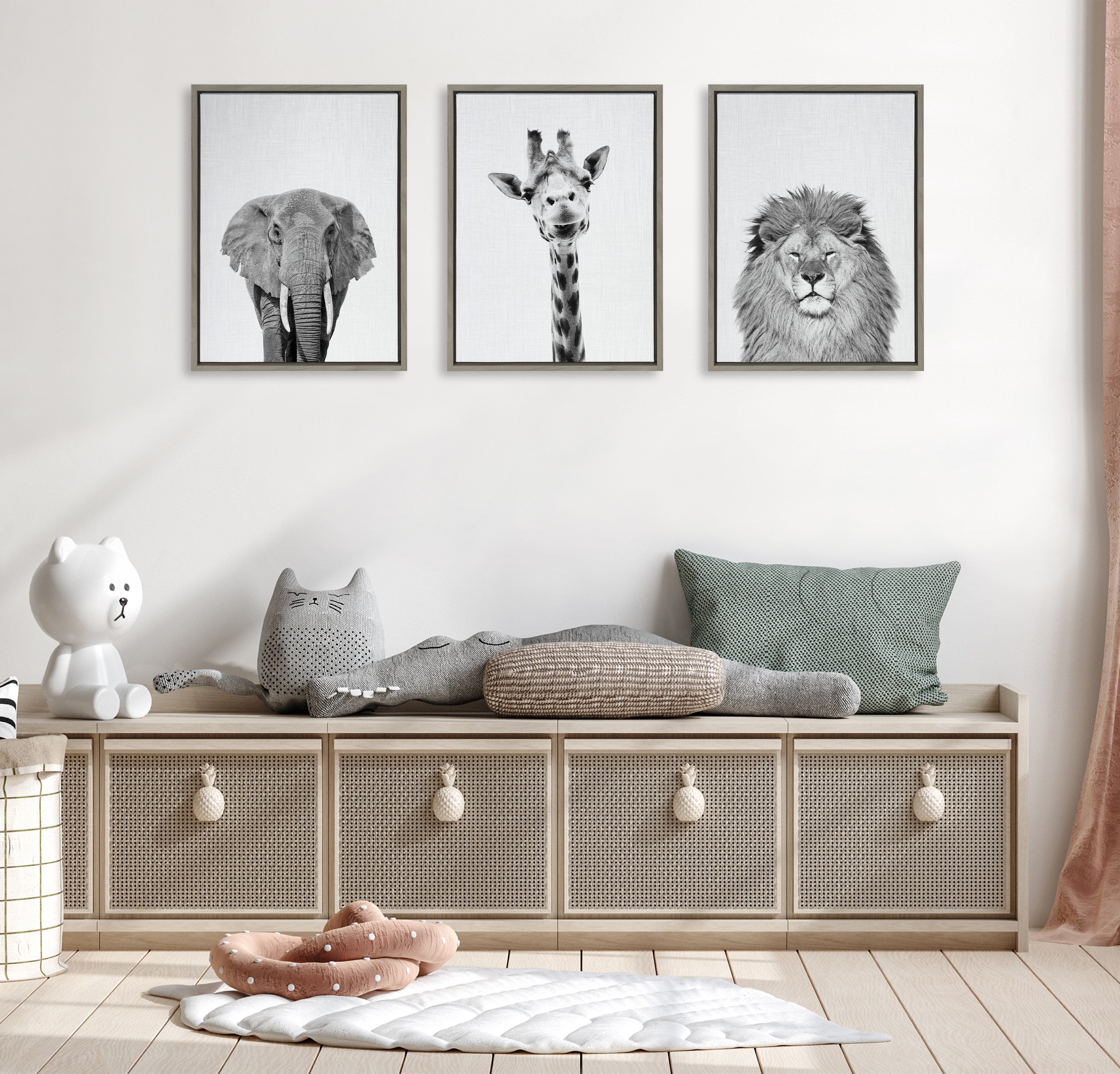 Sylvie Elephant Giraffe and Lion Framed Canvas by Simon Te of Tai Prints