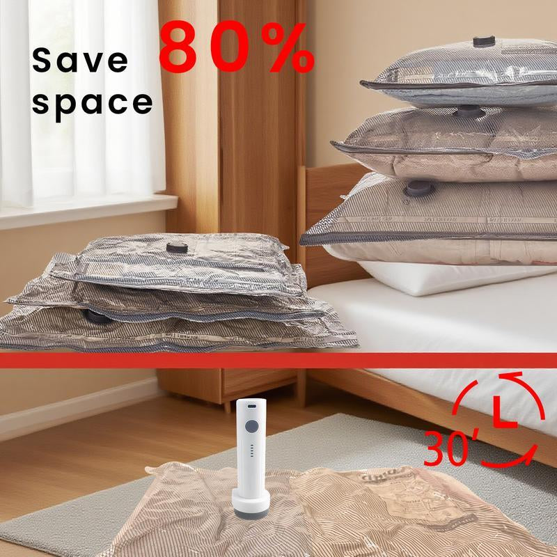 【2026 Upgraded】X7 Cordless Travel Vacuum Storage Compression Bag Set with Rechargeable Air Pump 9/15 Pack Waterproof & Reusable Compression Packing Bags for 2 Size,140L/Min Powerful Air Removal，Perfect for Carry-On Suitcases,