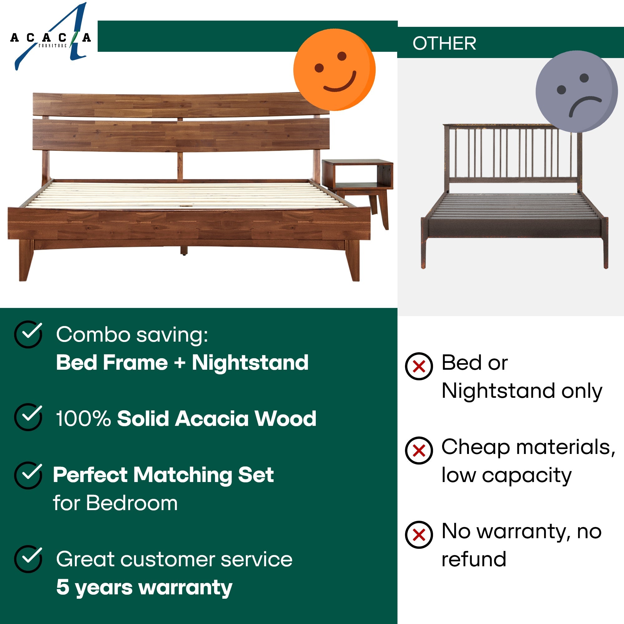 [Buy 1 Get 1] Aurora Solid Wood Bed Frame & Nightstand