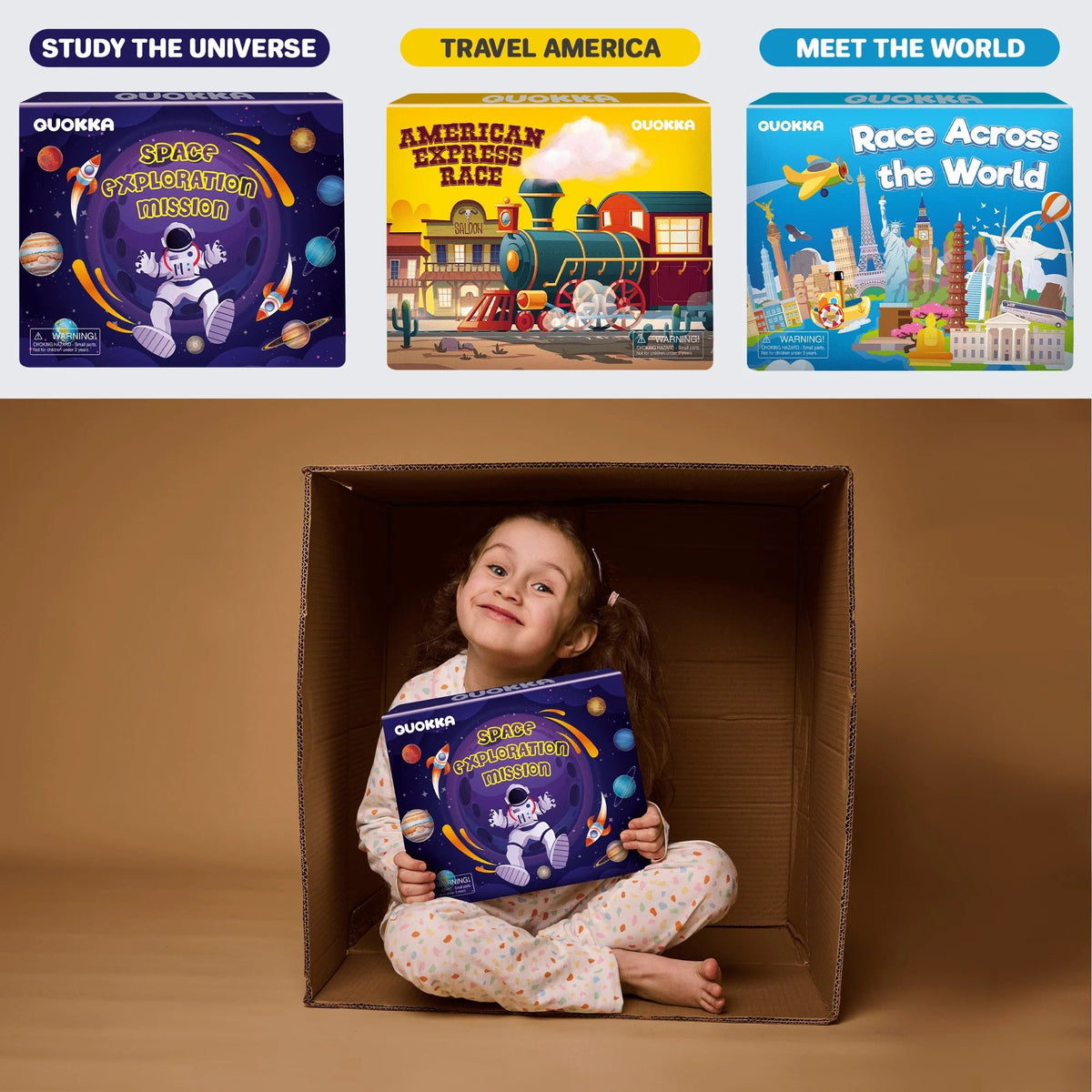 Learning Board Games for Kids 6-8 - Educational Trivia Cards Ages 8-12 - 3X Set World USA Map & Space