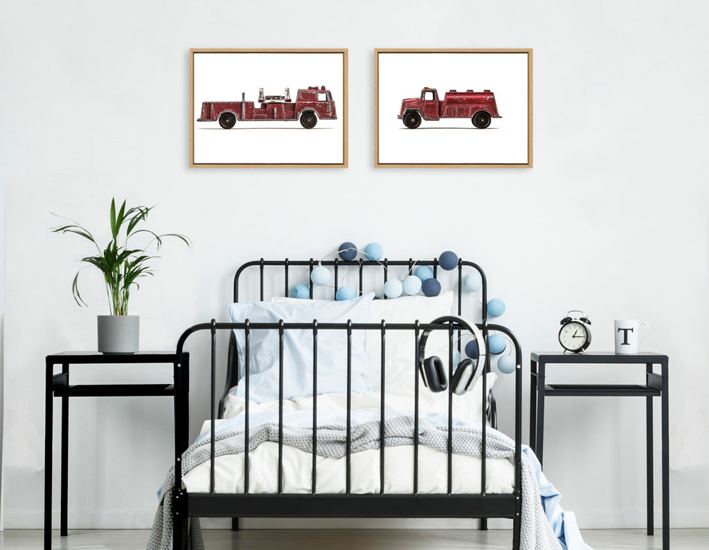 Sylvie Red Vintage Toy Fire Engine and Red Vintage Toy Water Truck Framed Canvas Art Set by Saint and Sailor Studios