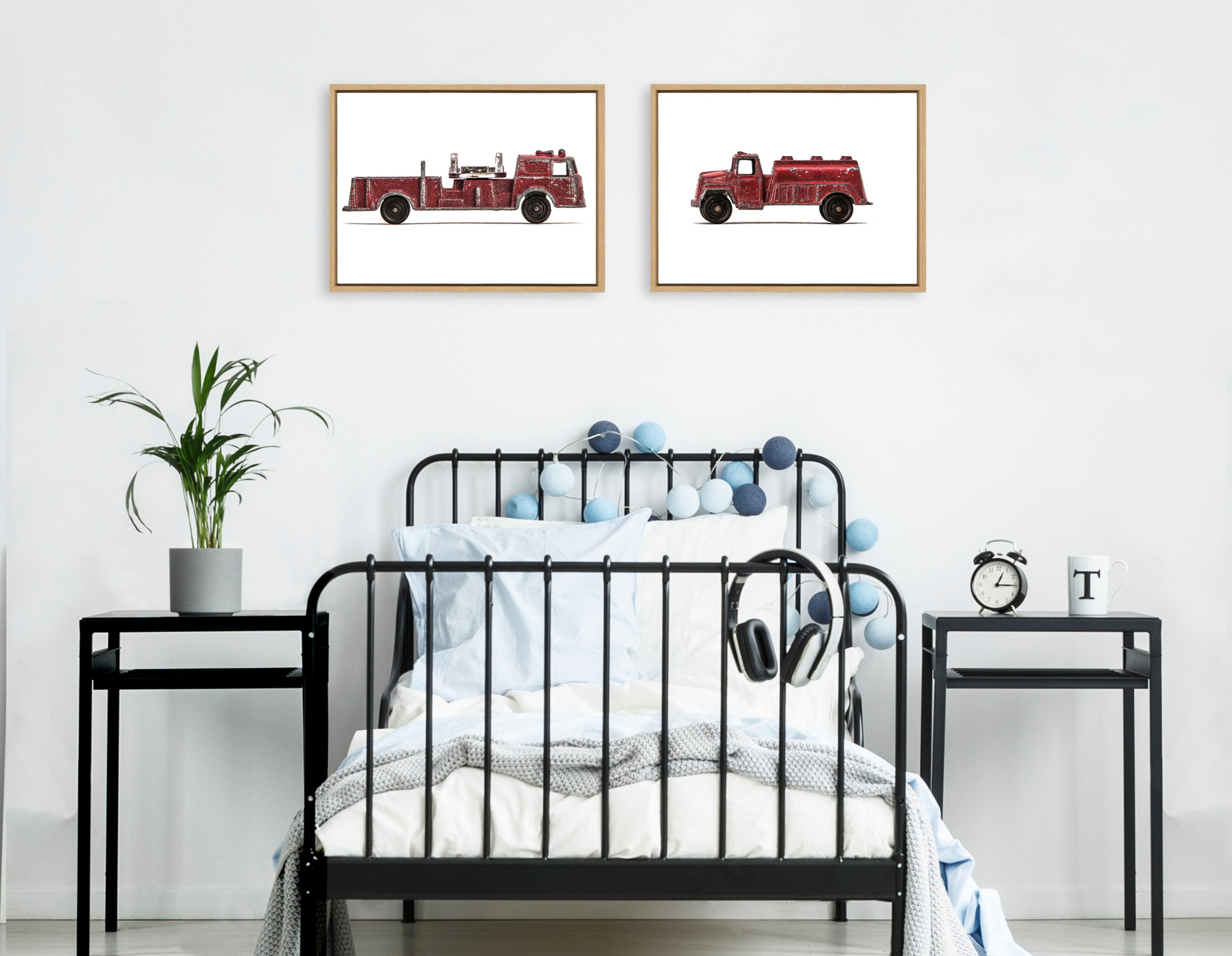 Sylvie Red Vintage Toy Fire Engine and Red Vintage Toy Water Truck Framed Canvas Art Set by Saint and Sailor Studios