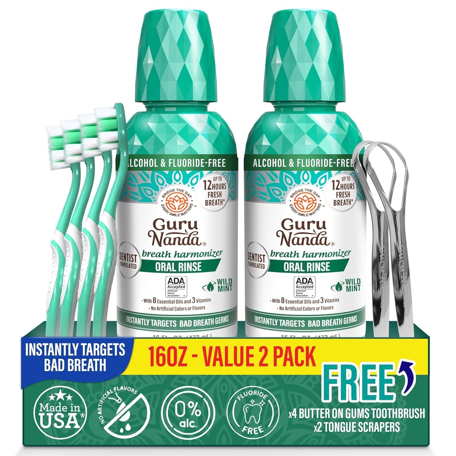 Gurunanda Fresh Breath Mouthwash, Ada-Accepted, Alcohol & Fluoride-Free, Sodium Chlorite, Essential Oils & Vitamins, 12-Hrs Fresh Breath, Wild Mint, 33.8 Oz