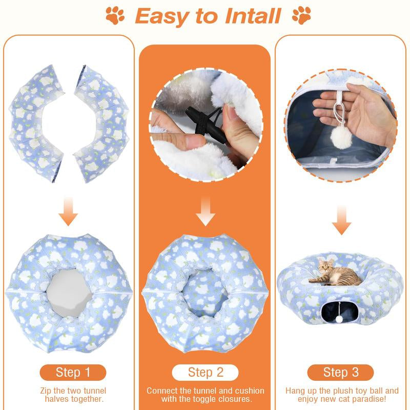 Cat Tunnels for Indoor Cats, 35'' Plush Cat Tunnel Bed Christmas Tree Skirt with Playful Ball and Circle Cushion, Foldable Peekaboo Cave, Interactive Toy