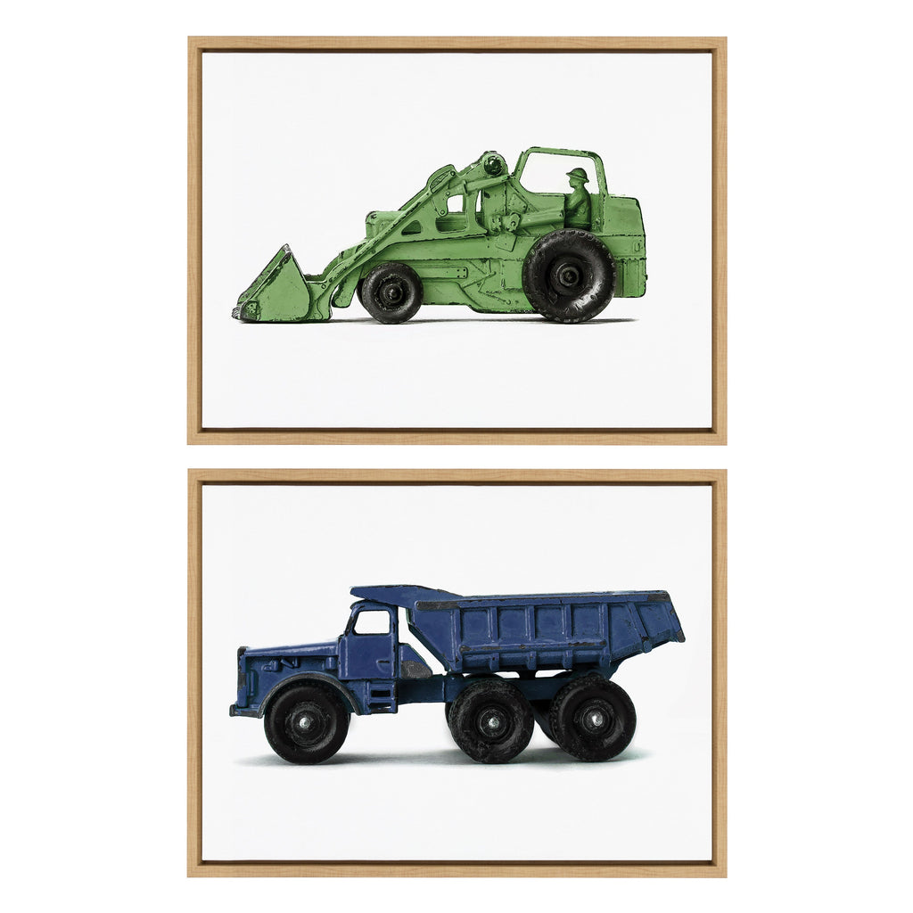 Sylvie Vintage Toy Tractor Green and Vintage Toy Dump Truck Blue Framed Canvas Art Set by Saint and Sailor Studios