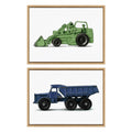 Sylvie Vintage Toy Tractor Green and Vintage Toy Dump Truck Blue Framed Canvas Art Set by Saint and Sailor Studios