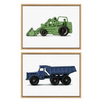 Sylvie Vintage Toy Tractor Green and Vintage Toy Dump Truck Blue Framed Canvas Art Set by Saint and Sailor Studios