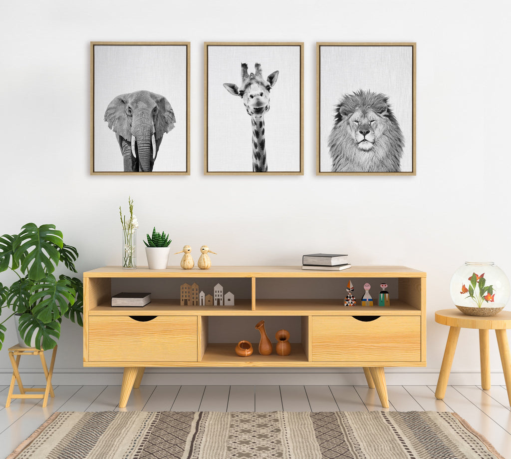 Sylvie Elephant Giraffe and Lion Framed Canvas by Simon Te of Tai Prints
