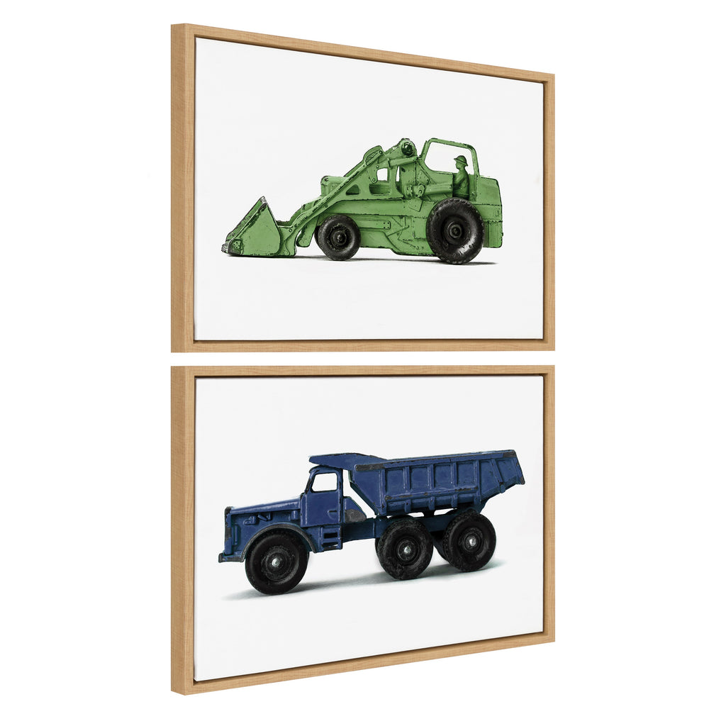 Sylvie Vintage Toy Tractor Green and Vintage Toy Dump Truck Blue Framed Canvas Art Set by Saint and Sailor Studios