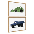Sylvie Vintage Toy Tractor Green and Vintage Toy Dump Truck Blue Framed Canvas Art Set by Saint and Sailor Studios