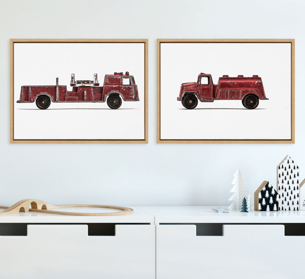 Sylvie Red Vintage Toy Fire Engine and Red Vintage Toy Water Truck Framed Canvas Art Set by Saint and Sailor Studios