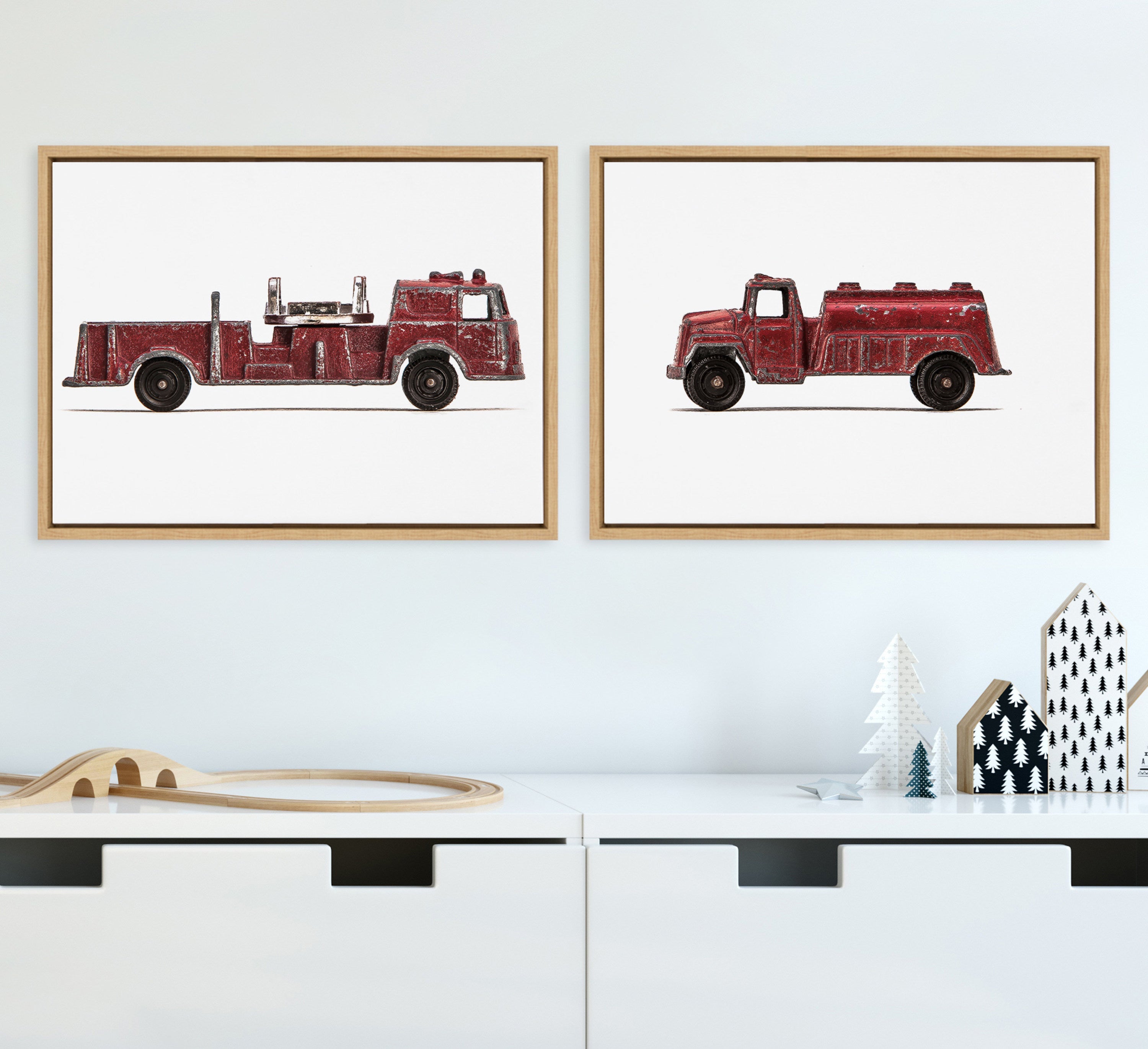 Sylvie Red Vintage Toy Fire Engine and Red Vintage Toy Water Truck Framed Canvas Art Set by Saint and Sailor Studios