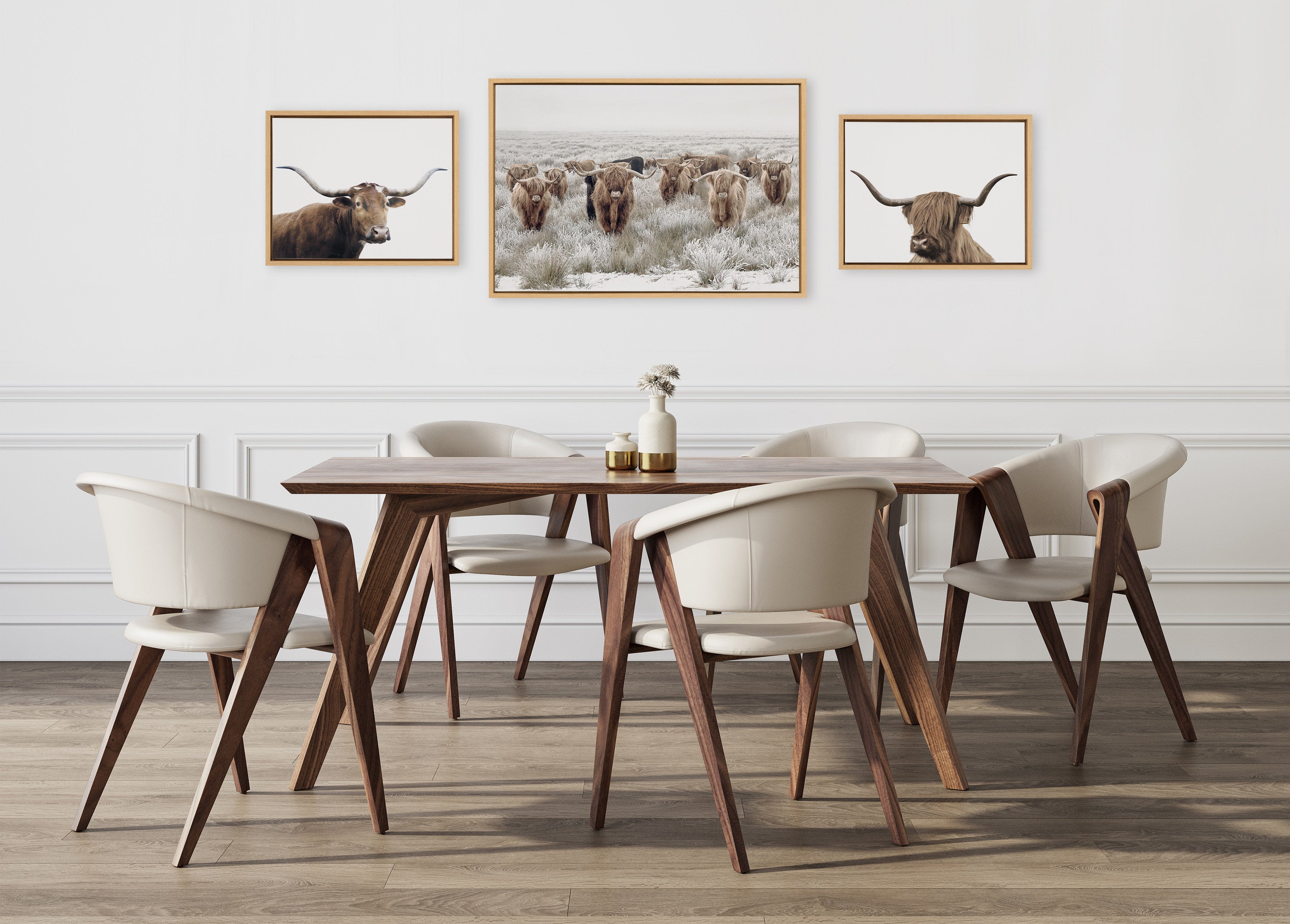 Sylvie Texas Longhorn, Highland Cow Portrait Close Color and Herd of Highland Cows Color Framed Canvas Art Set by The Creative Bunch Studio