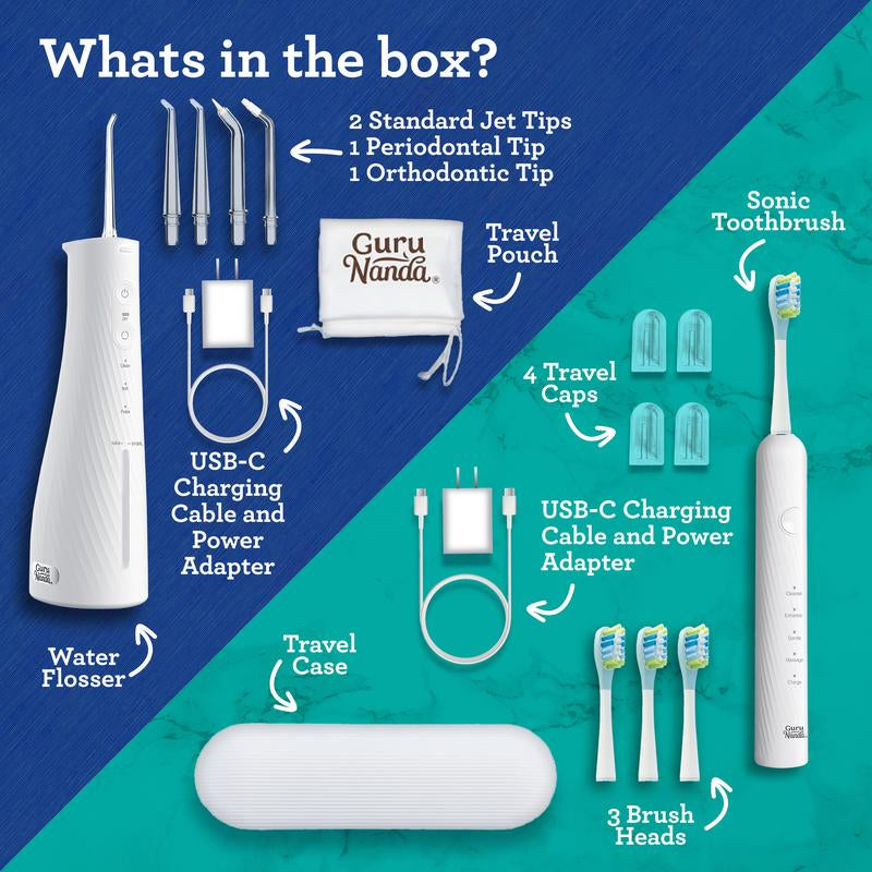 Gurunanda Lion & Lamb Kit 2.0, Electric Toothbrush with Water Flosser Combo, 4 Jet Tips, 4 Brush Heads & IPX7 Waterproof Design for Complete Oral Care