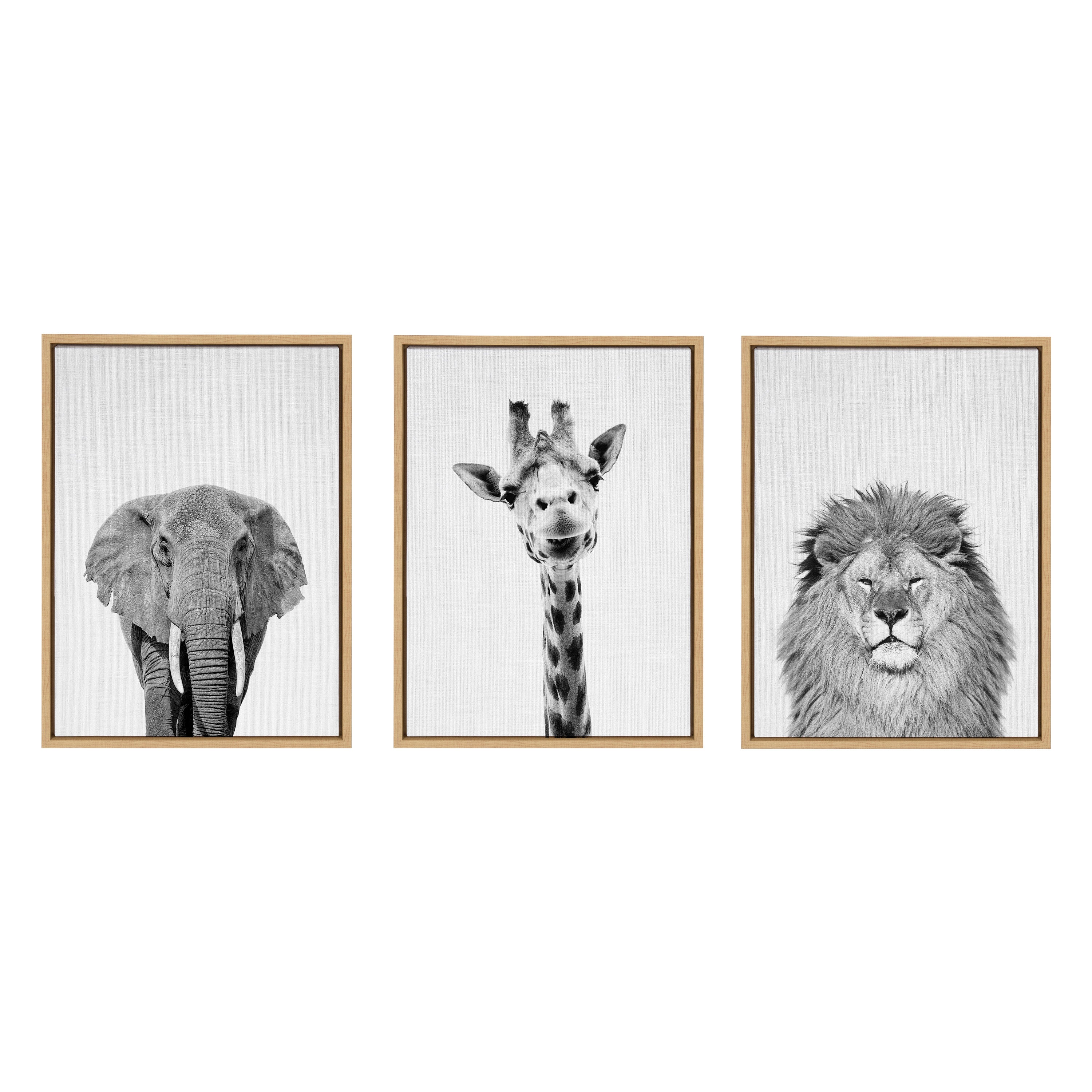 Sylvie Elephant Giraffe and Lion Framed Canvas by Simon Te of Tai Prints