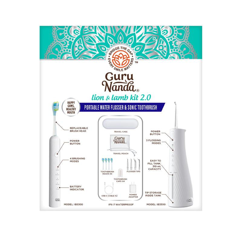 Gurunanda Lion & Lamb Kit 2.0, Electric Toothbrush with Water Flosser Combo, 4 Jet Tips, 4 Brush Heads & IPX7 Waterproof Design for Complete Oral Care