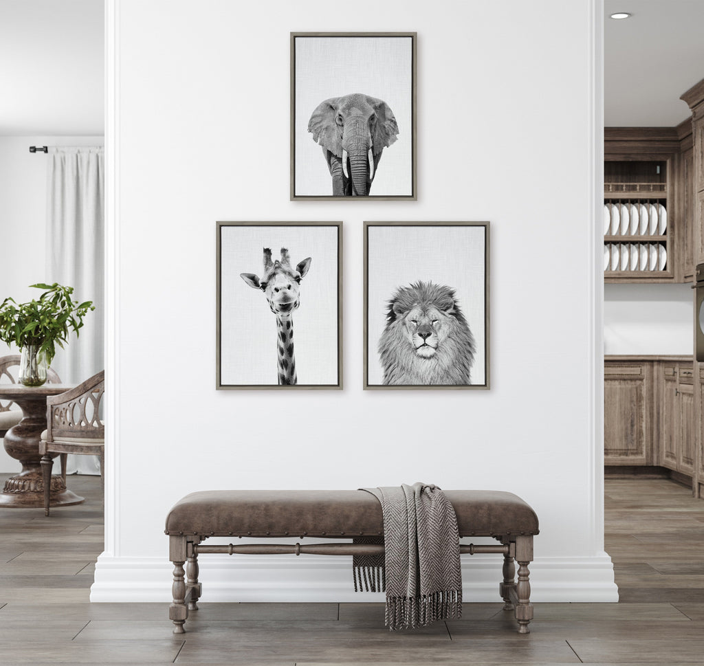Sylvie Elephant Giraffe and Lion Framed Canvas by Simon Te of Tai Prints