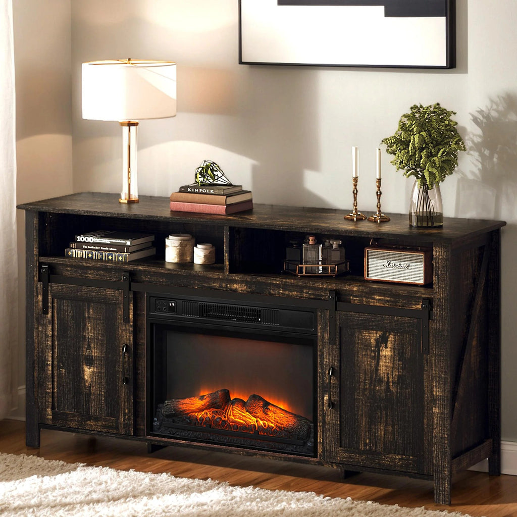 Fireplace TV Stand for 65 Inch TV, TV Console with 23''Electric Fireplace, Console Entertainment Center Television Table for Living Room or Bedroom, Black