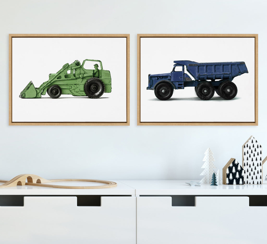 Sylvie Vintage Toy Tractor Green and Vintage Toy Dump Truck Blue Framed Canvas Art Set by Saint and Sailor Studios