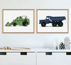 Sylvie Vintage Toy Tractor Green and Vintage Toy Dump Truck Blue Framed Canvas Art Set by Saint and Sailor Studios