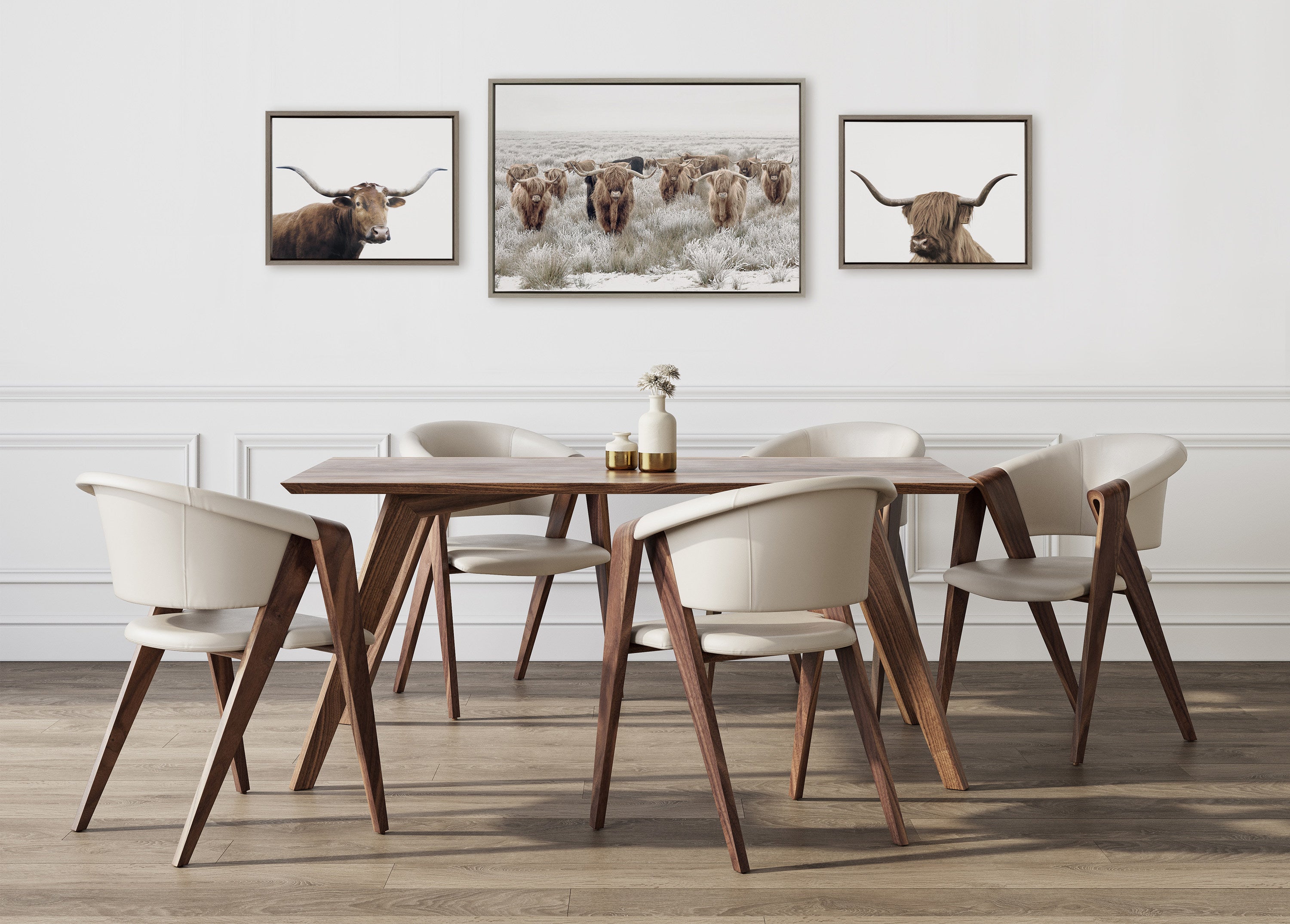 Sylvie Texas Longhorn, Highland Cow Portrait Close Color and Herd of Highland Cows Color Framed Canvas Art Set by The Creative Bunch Studio