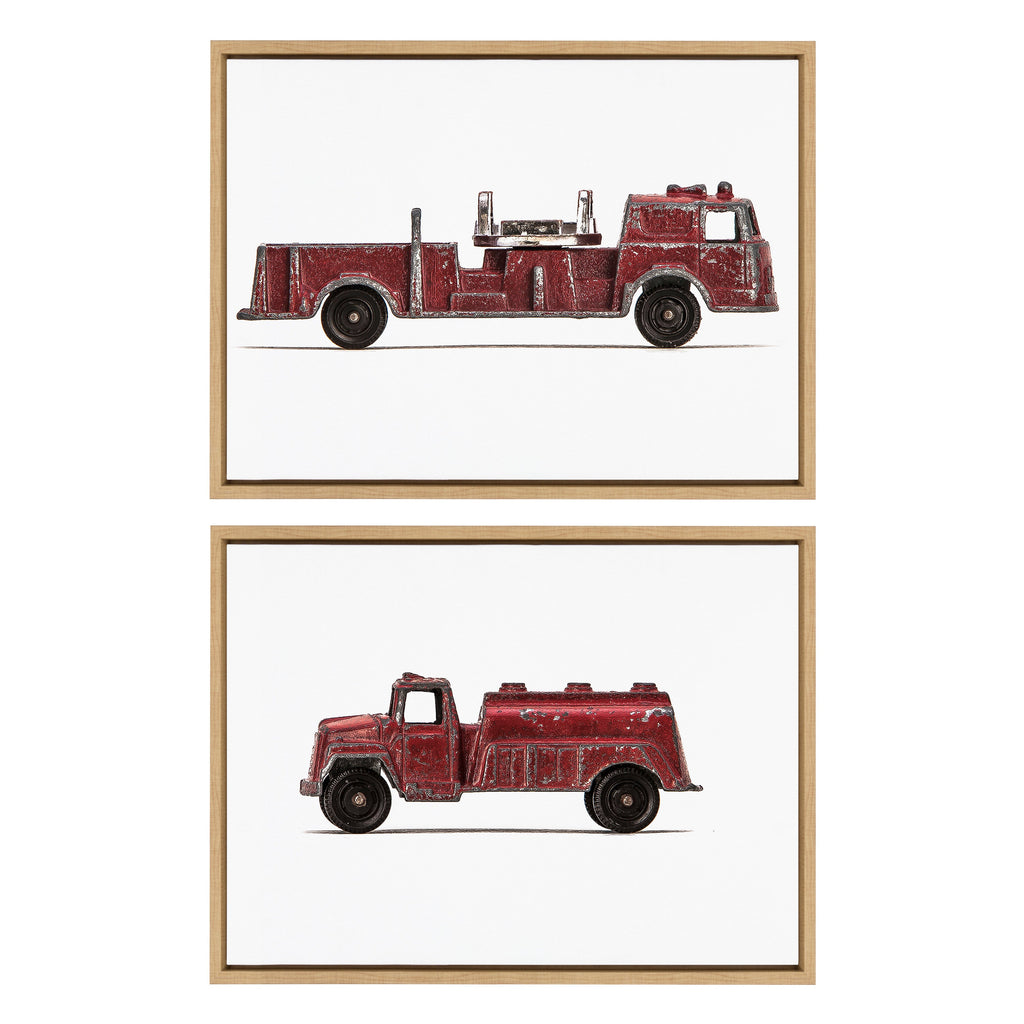 Sylvie Red Vintage Toy Fire Engine and Red Vintage Toy Water Truck Framed Canvas Art Set by Saint and Sailor Studios