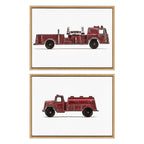 Sylvie Red Vintage Toy Fire Engine and Red Vintage Toy Water Truck Framed Canvas Art Set by Saint and Sailor Studios