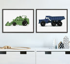 Sylvie Vintage Toy Tractor Green and Vintage Toy Dump Truck Blue Framed Canvas Art Set by Saint and Sailor Studios