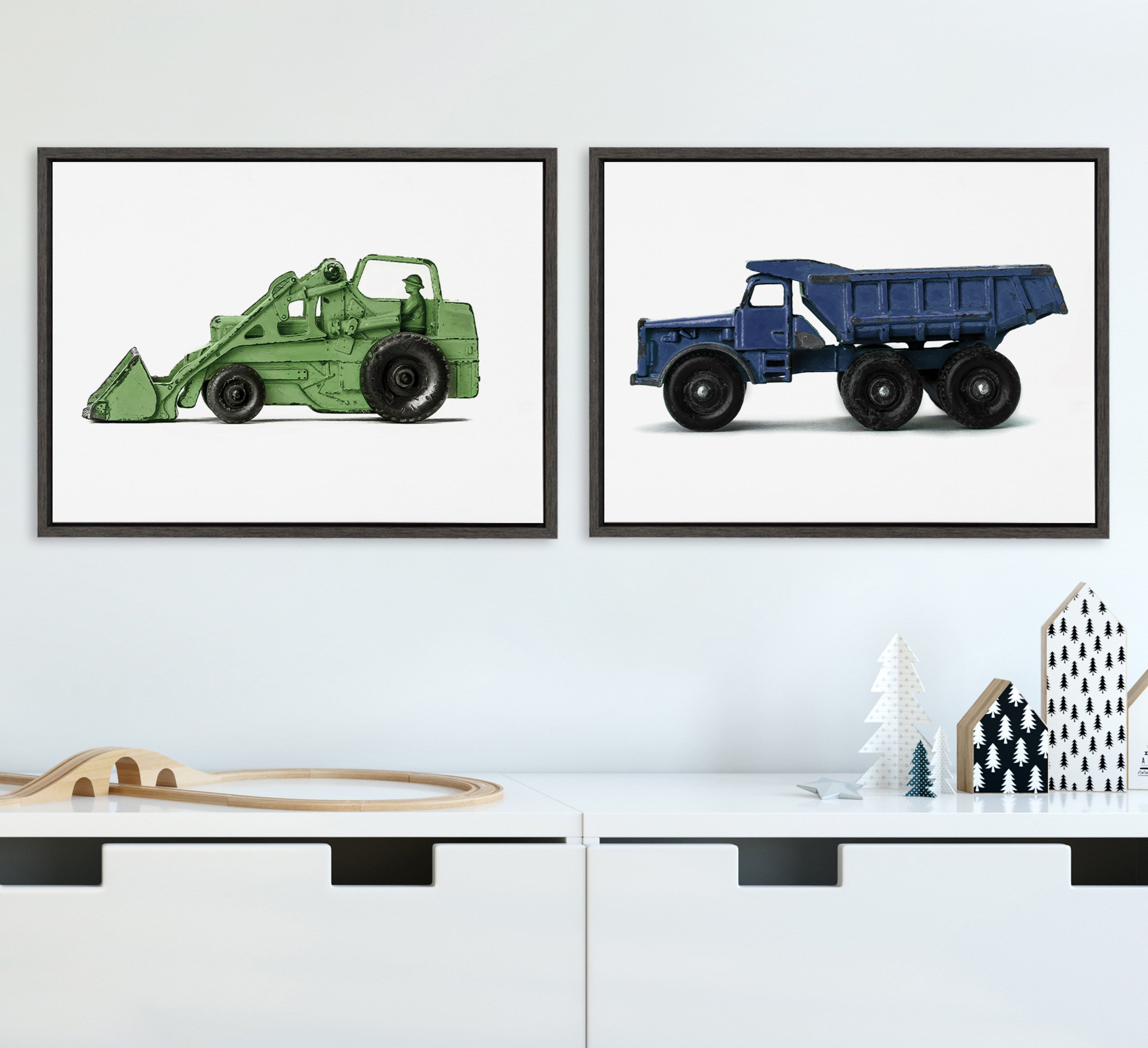 Sylvie Vintage Toy Tractor Green and Vintage Toy Dump Truck Blue Framed Canvas Art Set by Saint and Sailor Studios