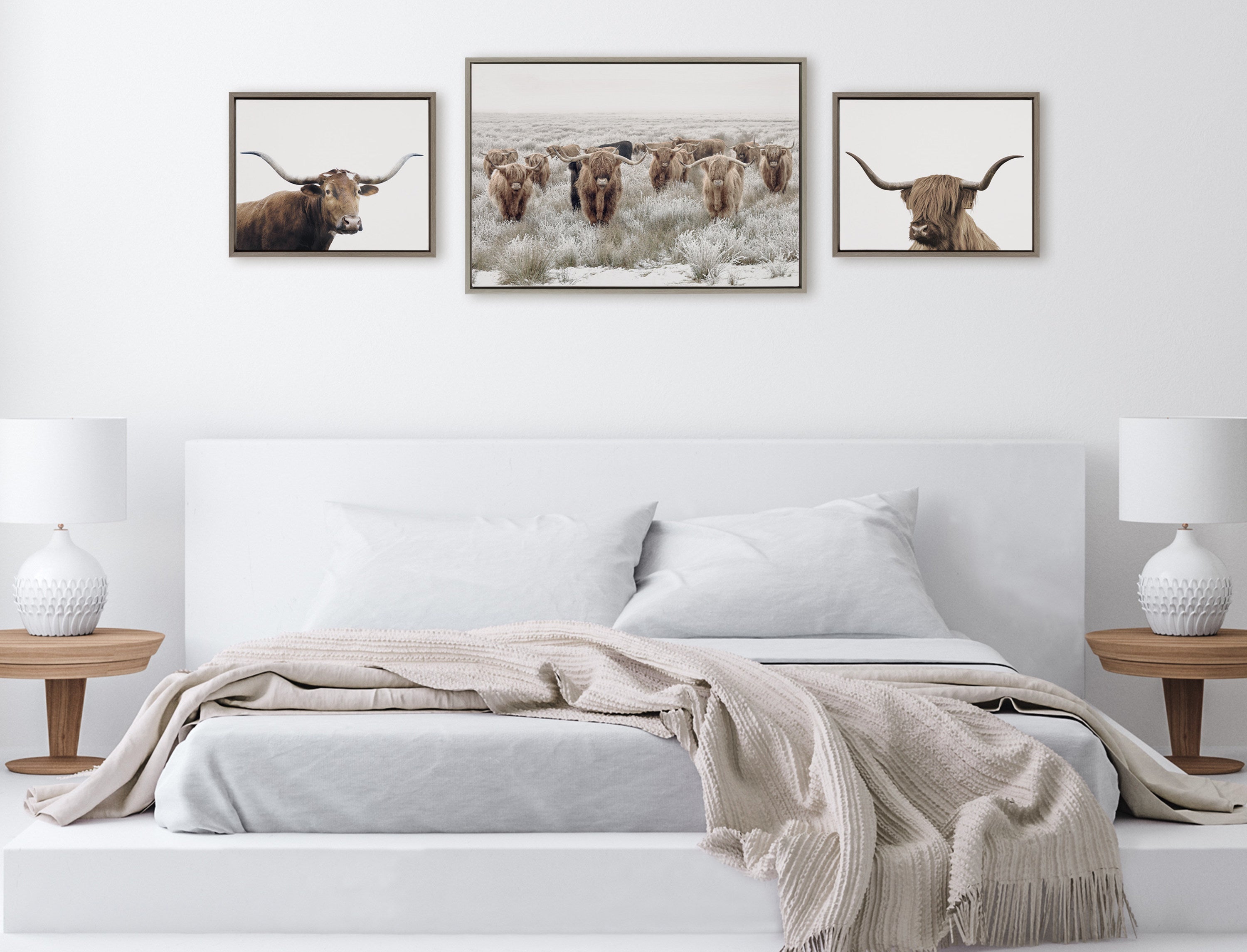Sylvie Texas Longhorn, Highland Cow Portrait Close Color and Herd of Highland Cows Color Framed Canvas Art Set by The Creative Bunch Studio