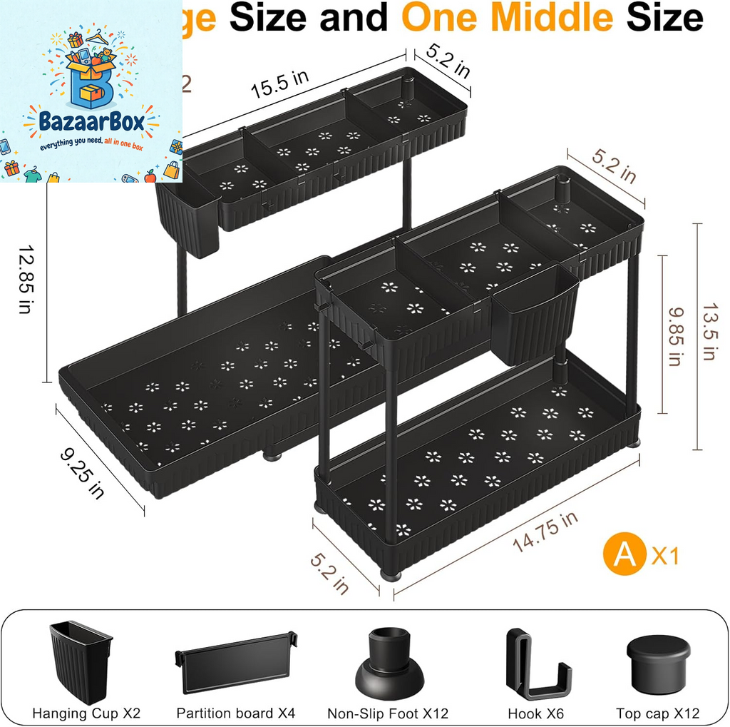 3 Pack Multi-Purpose under Sink Organizers and Storage, 2026 L-Shaped Pull Out Cabinet Organizer for Bathroom & Kitchen, under Cabinet Organizer with Hooks Hanging Cup, Black