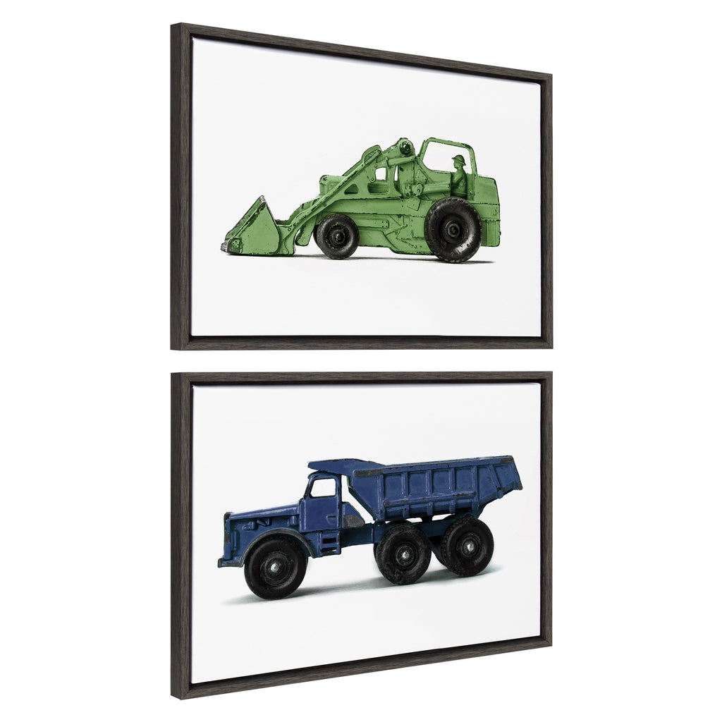 Sylvie Vintage Toy Tractor Green and Vintage Toy Dump Truck Blue Framed Canvas Art Set by Saint and Sailor Studios
