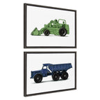 Sylvie Vintage Toy Tractor Green and Vintage Toy Dump Truck Blue Framed Canvas Art Set by Saint and Sailor Studios