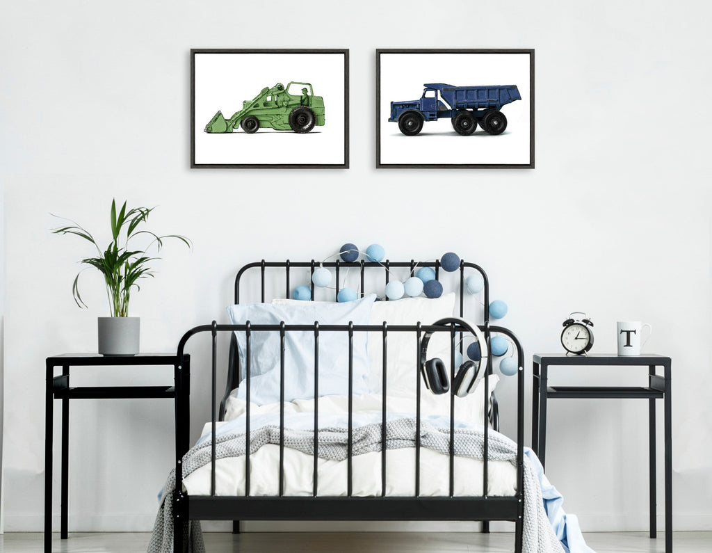 Sylvie Vintage Toy Tractor Green and Vintage Toy Dump Truck Blue Framed Canvas Art Set by Saint and Sailor Studios
