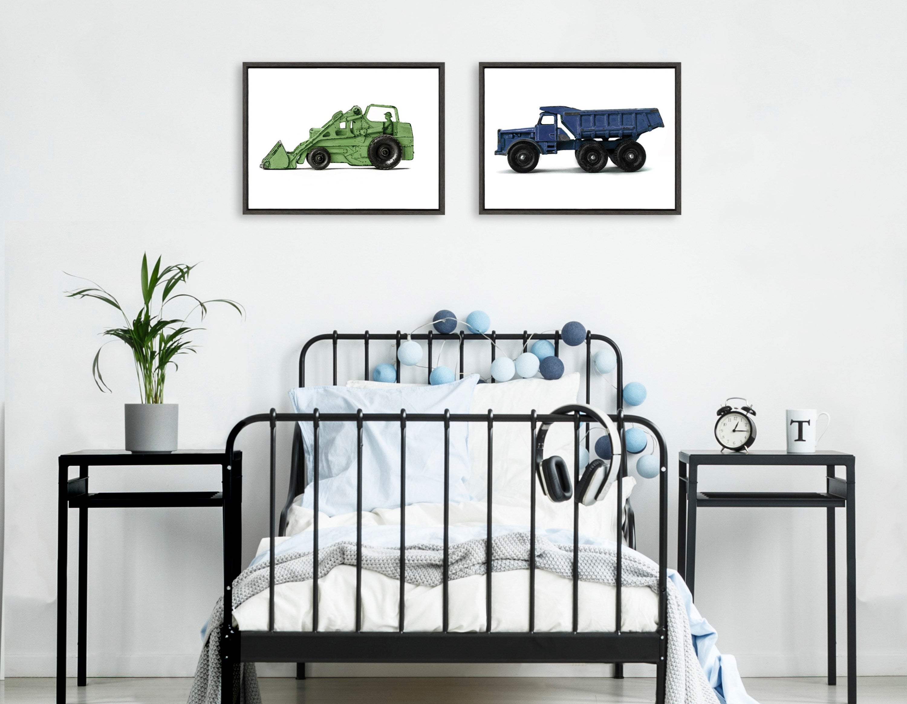 Sylvie Vintage Toy Tractor Green and Vintage Toy Dump Truck Blue Framed Canvas Art Set by Saint and Sailor Studios